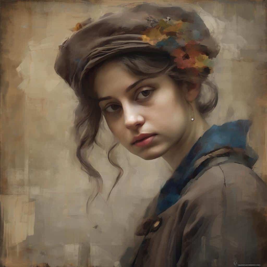 μoντέρνα τέχνη, δημιουργία και καλλιτεχνική σκηνή του αύριο, νεαρή γυναίκα με καπέλο και εντυπωσιακή έκφραση.