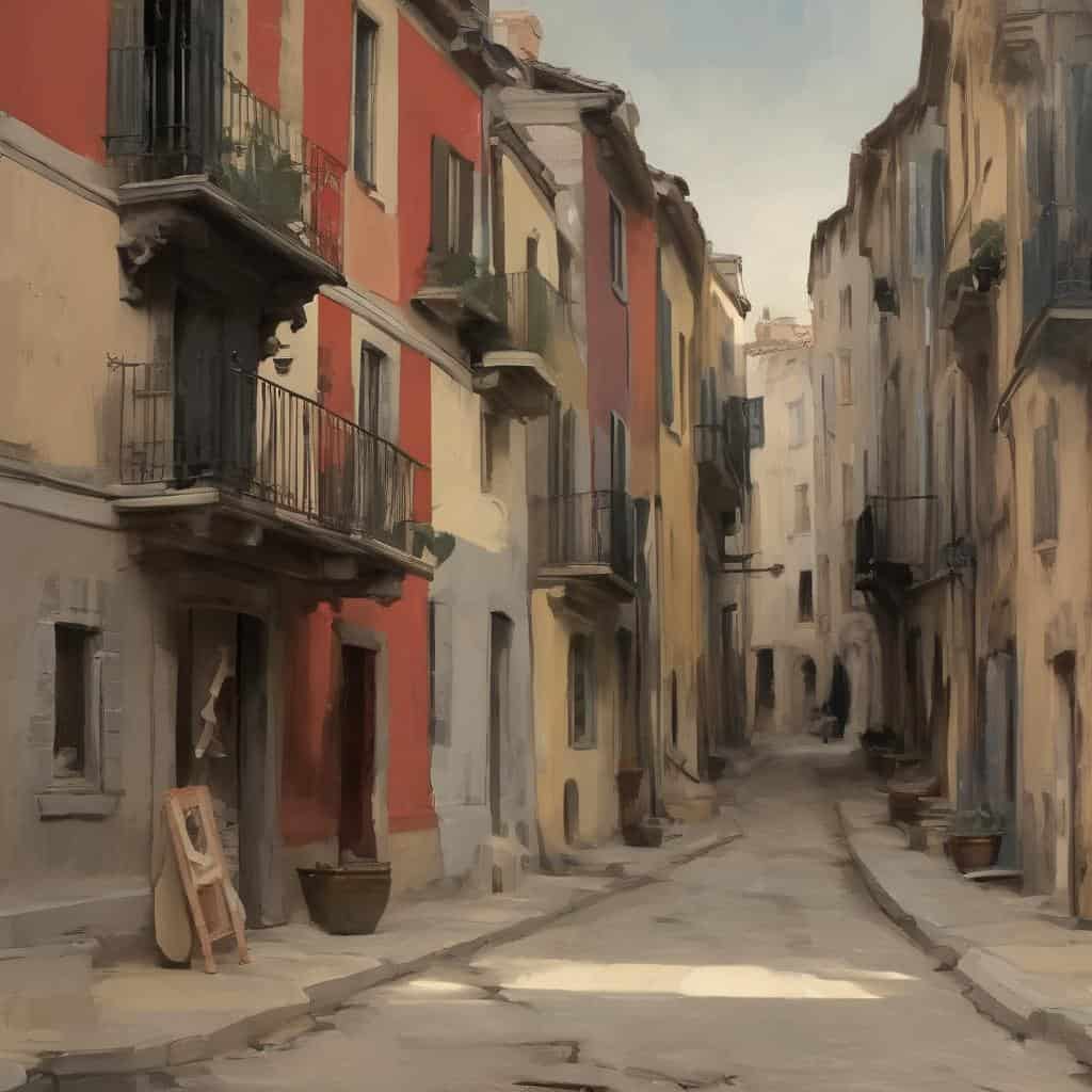 Ζωγραφική σκηνή με πολυσύχναστο παλιό δρόμο στην πόλη, δημιουργία και καλλιτεχνική σκηνή του αύριο.