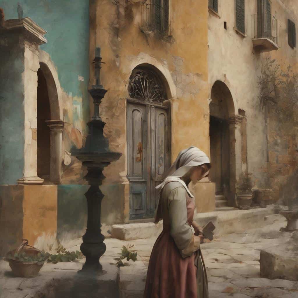 Αρνόμενη νεαρή γυναίκα με ιστορική ενδυμασία σε καλλιτεχνική σκηνή, δημιουργία και καλλιτεχνική σκηνή του αύριο, έμπνευση από τέχνη και δημιουργικότητα.